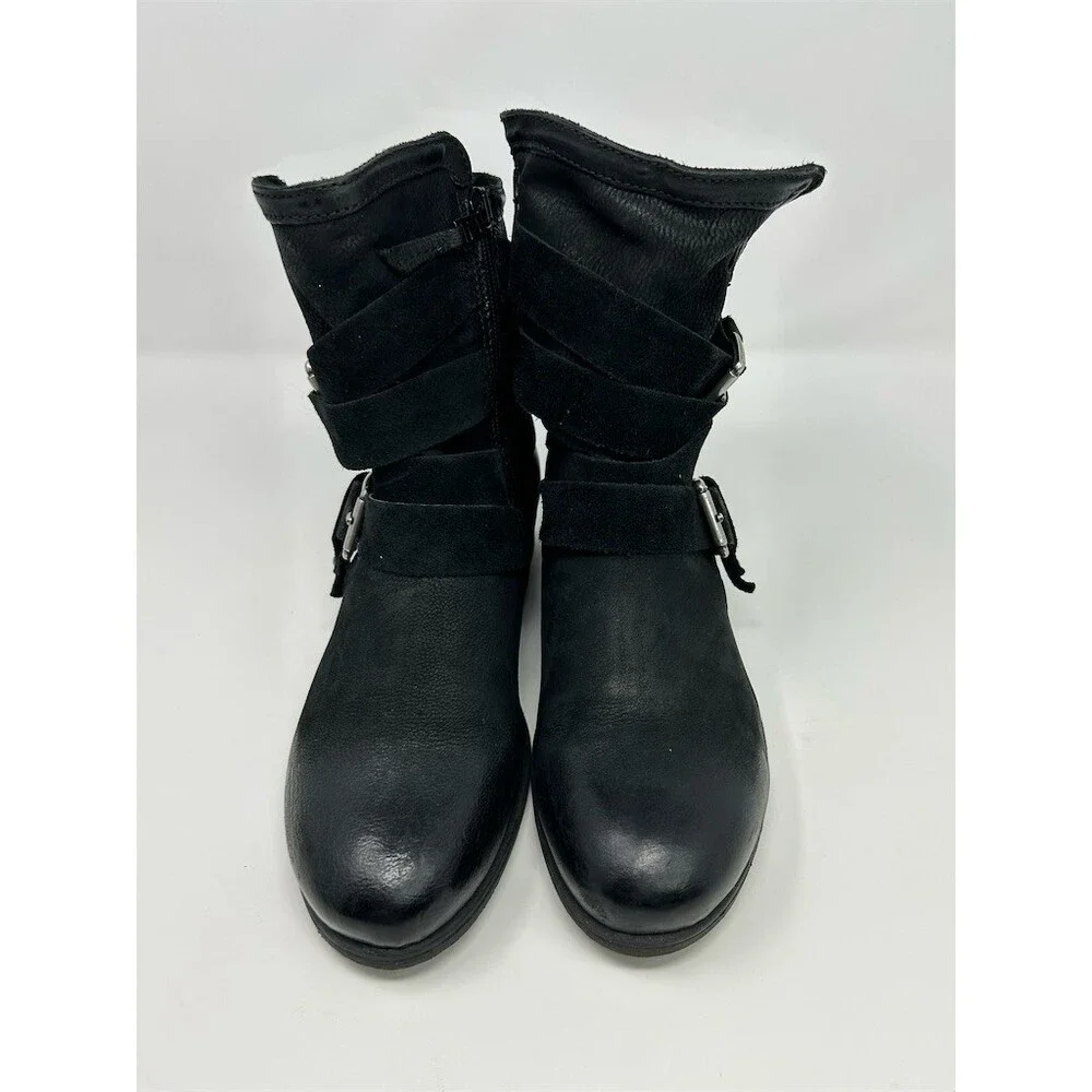 Miz Mooz Shane Womens Ankle Moto Bootie Black Side Zip Buckle Straps Size 39